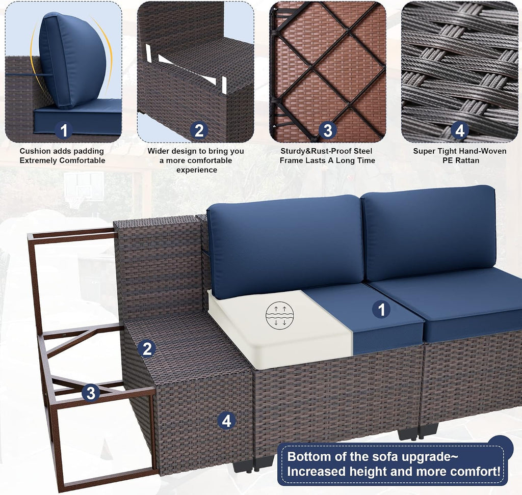 Kurapika 11 Pieces Patio Furniture Set, Rattan Wicker Outdoor Conversation Sets w/43in Propane Fire Pit Table and 4 Inch Cushion(Navy Blue)