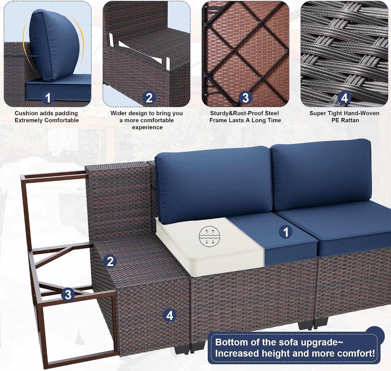 Kurapika 11 Pieces Patio Furniture Set, Rattan Wicker Outdoor Conversation Sets w/43in Propane Fire Pit Table and 4 Inch Cushion(Navy Blue)