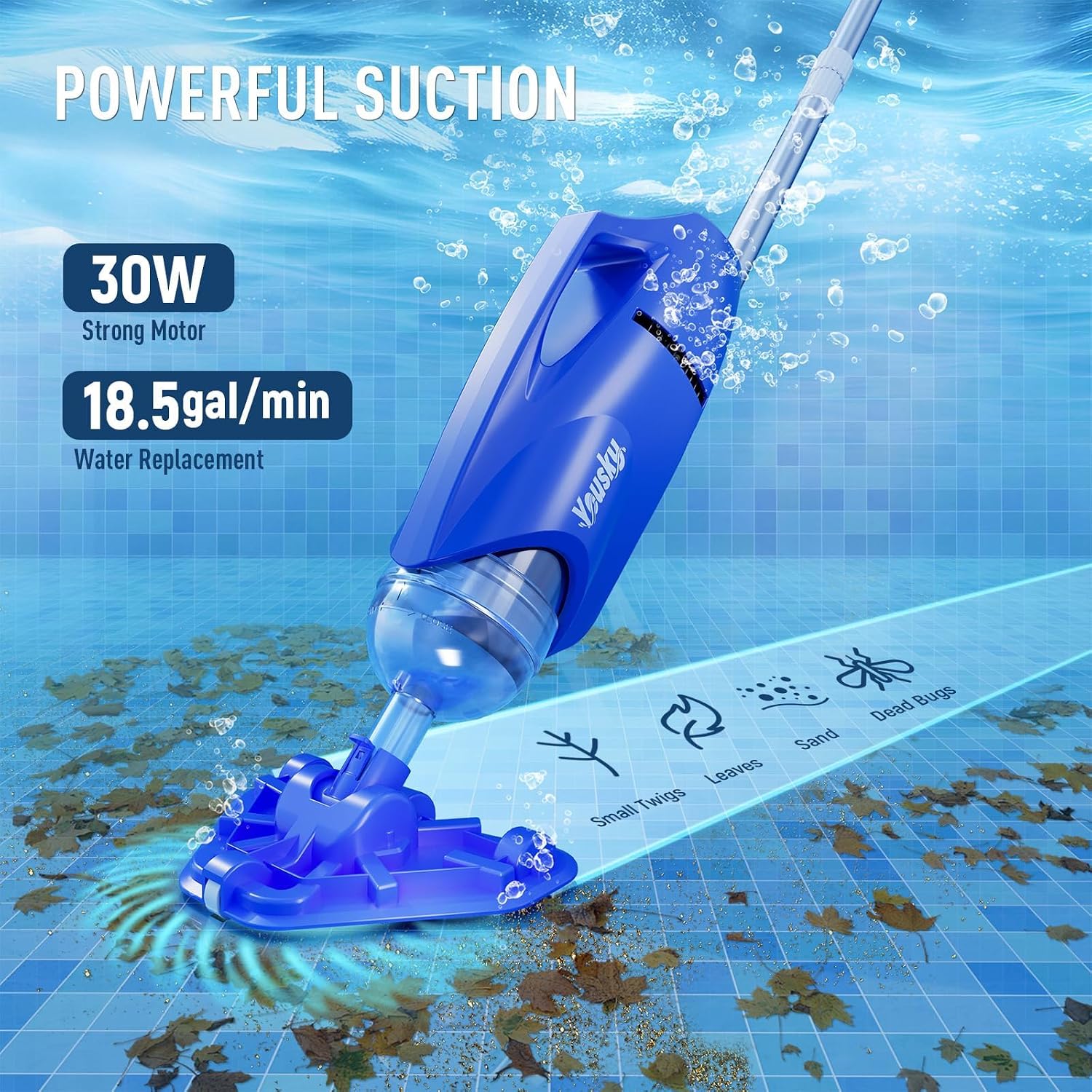 Cordless Pool Vacuum for Above Ground & Inground Pools, 18.5GPM Suction with 2 Brush Heads for Leaves, Debris, with Telescopic Pole Back-Friendly Cleaning, Hot Tub Spa Handheld Cleaner (Blue)
