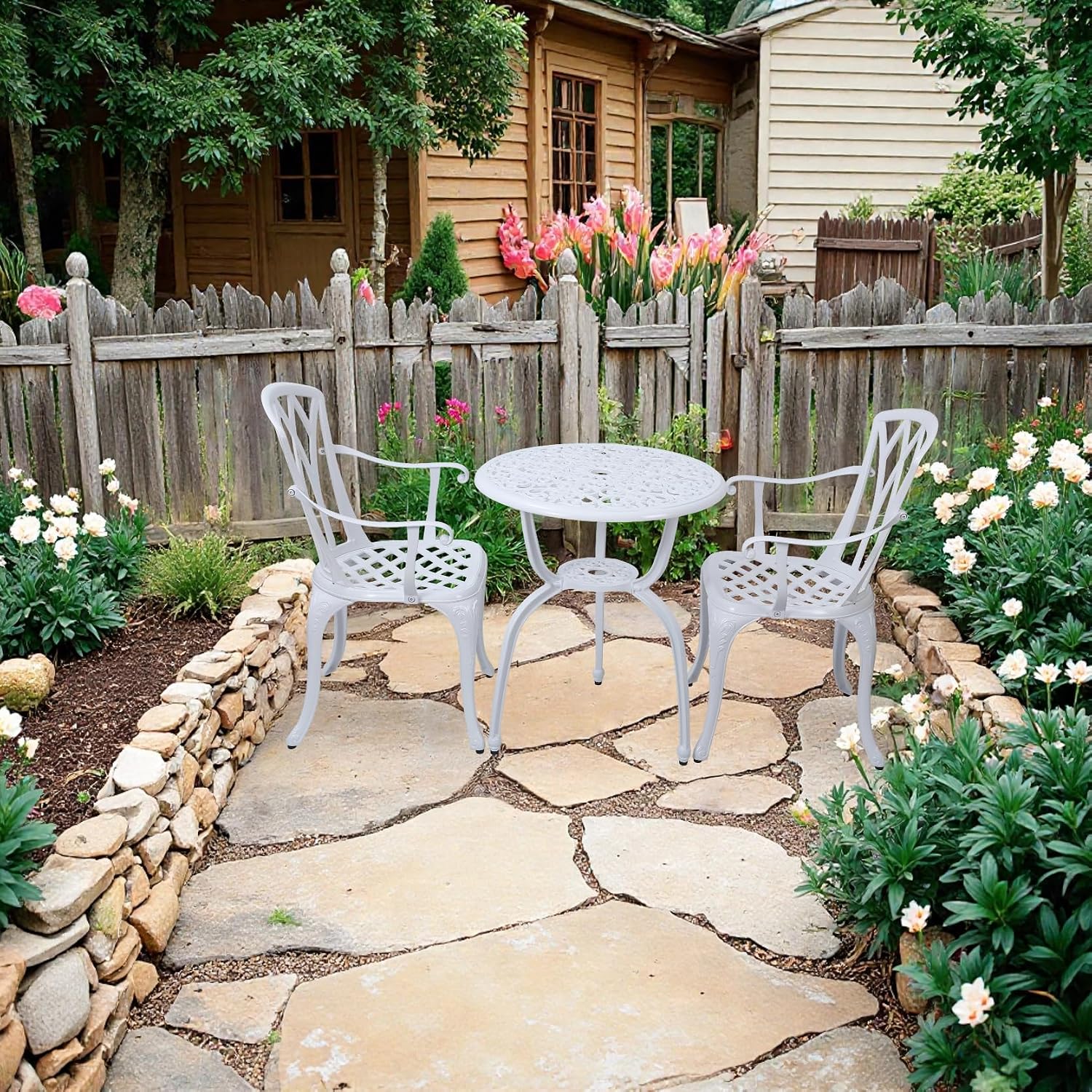 3-Piece Cast Aluminum Patio Bistro Set, Outdoor Rust-Resistant Furniture with 2 Chairs and Table (White)