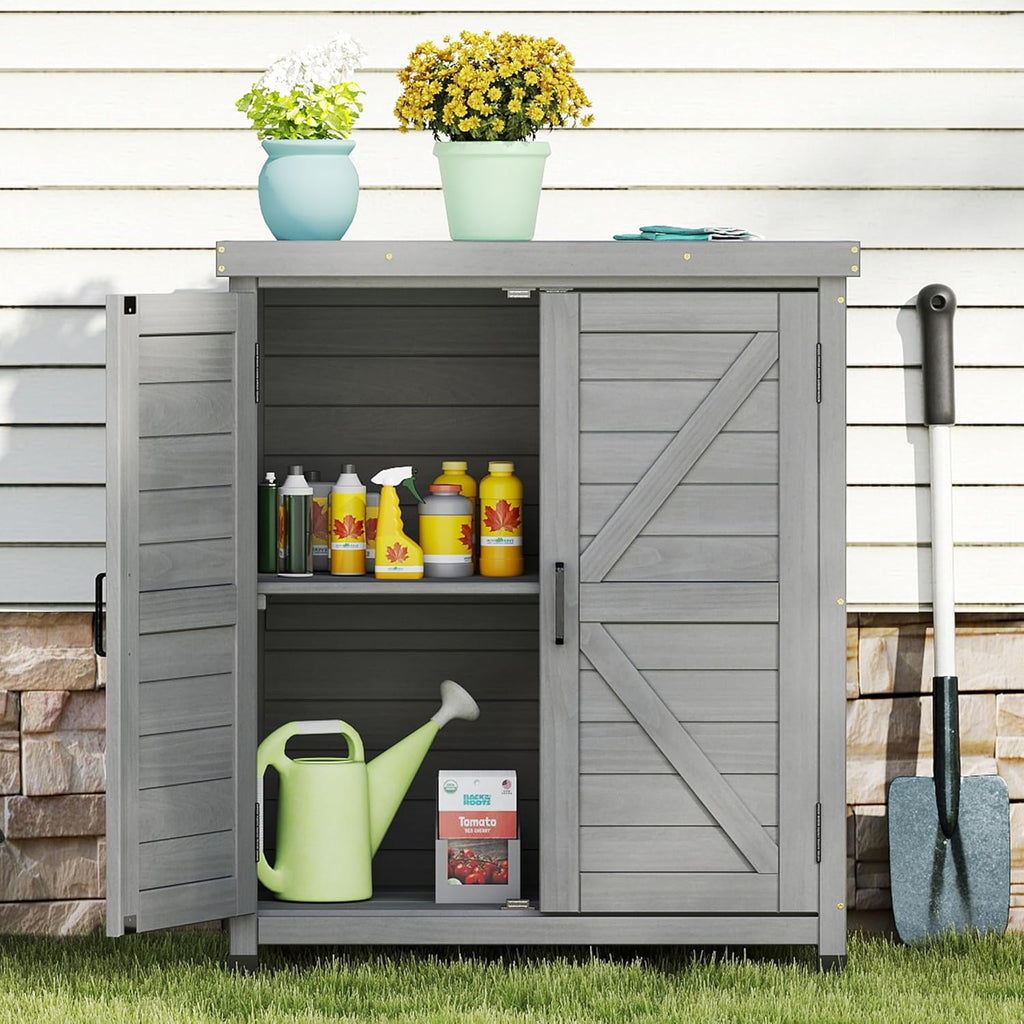 Potting Bench with Storage Cabinet and Metal Table Top for Outdoor Patio, Garden Furniture Wood Workstation