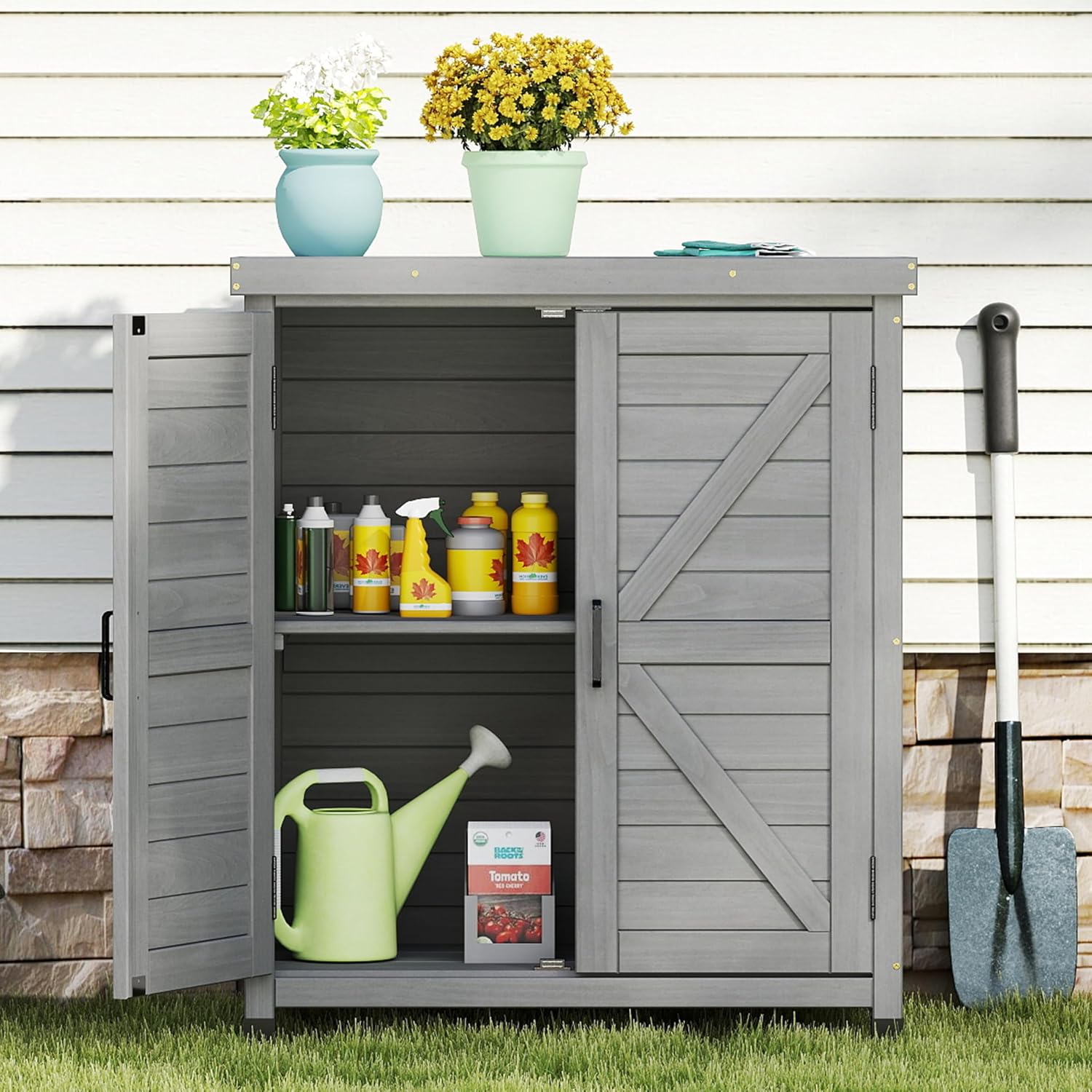 Potting Bench with Storage Cabinet and Metal Table Top for Outdoor Patio, Garden Furniture Wood Workstation