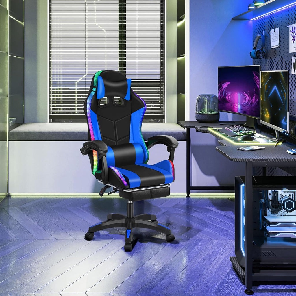 Gaming Chair with Compatible Speakers and RGB LED Lights, Ergonomic Massage Computer Gaming Chair with Height Adjustable, Video Game Chair High Back with Lumbar Support (Black Blue)