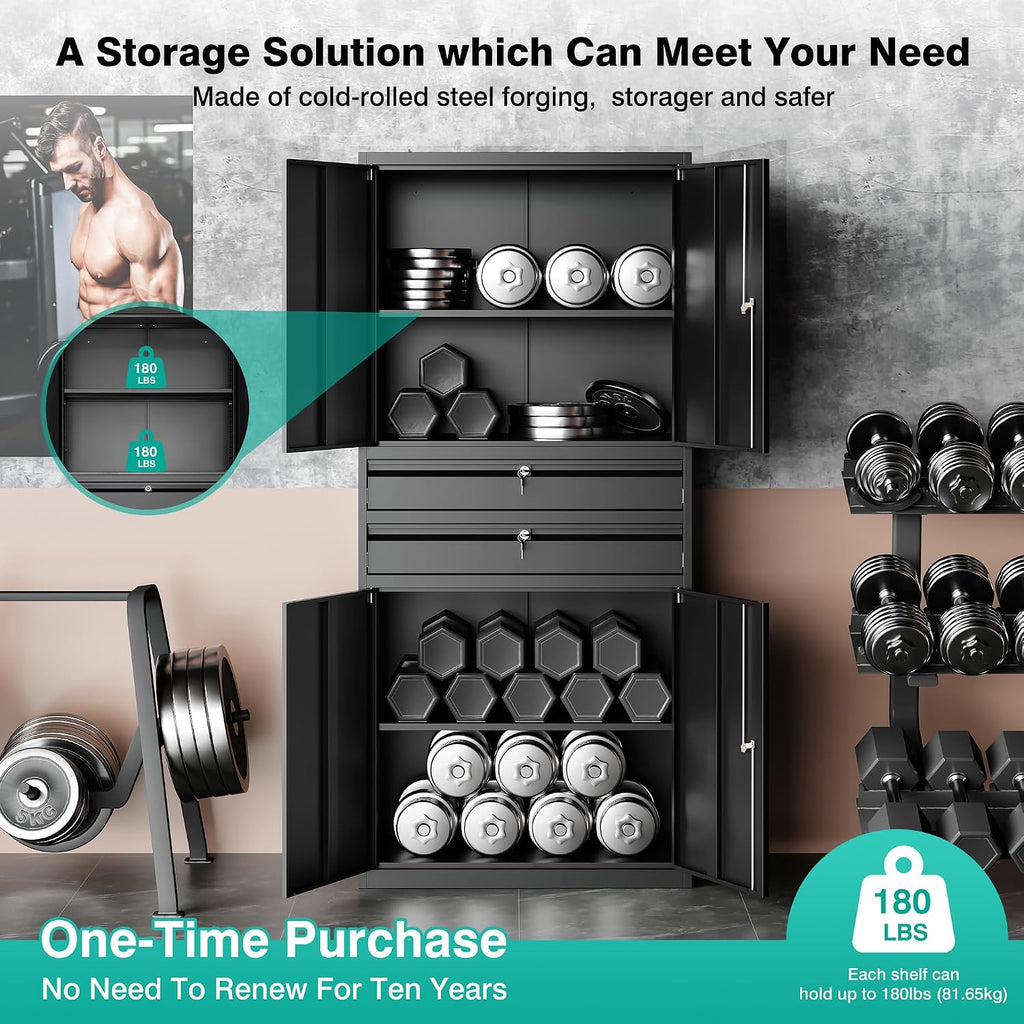 SISESOL Metal Storage Cabinet with Drawer and Locks,Black Garage Storage Cabinet with Locking Doors and Adjustable Shelves,71' Tall Large Metal Cabinets with Magnetic Door for Home,Office,Garage