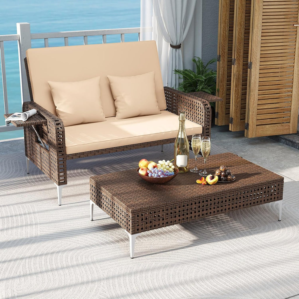 Tangkula Patio Rattan Daybed with 4-Level Adjustable Backrest, Boho Outdoor Wicker Loveseat & Storage Ottoman with Cushion, 2-Person Sun Lounger with Folding Tables for Poolside, Backyard & Garden