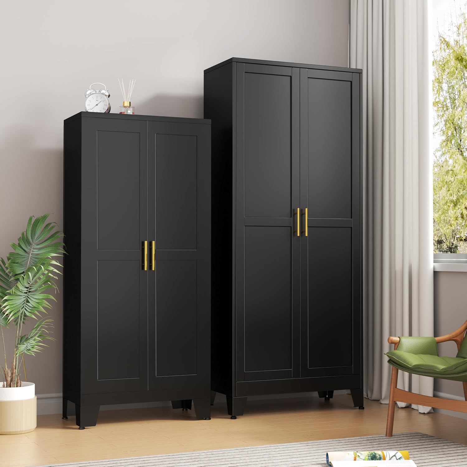 pozdeg 75' Tall Pantry Cabinet, Metal Kitchen Storage Cabinet with 2 Doors and 5 Adjustable Shelves, White Storage Cabinet Cupboard for Kitchen, Dining Room, Living Room and Bathroom (Black)