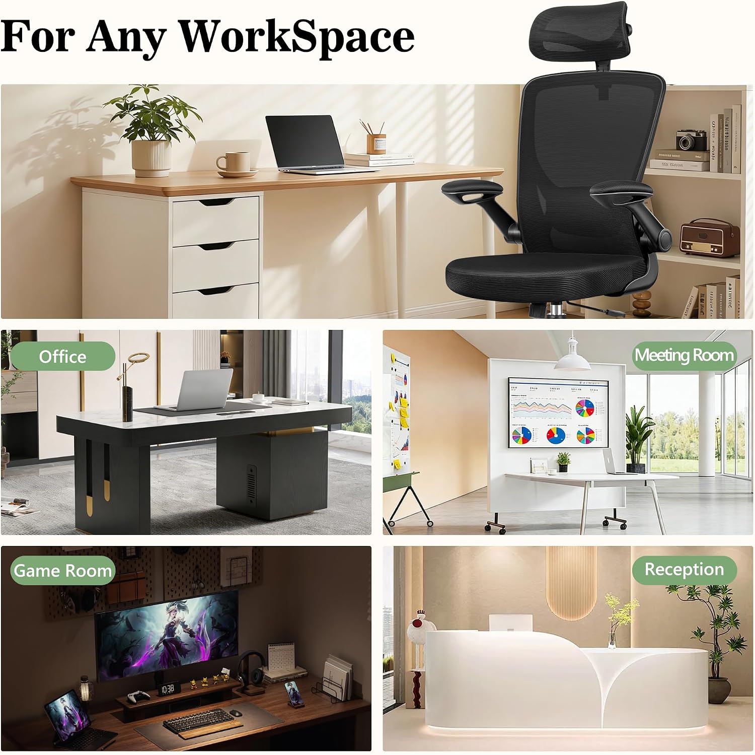 BESTFAIR Office Chair Ergonomic Desk Chair, Breathable Mesh Office Chairs with Adjustable Lumbar Support, Flip-Up Arms, Computer Desk Chair Comfy for Home Office, 2 Pack