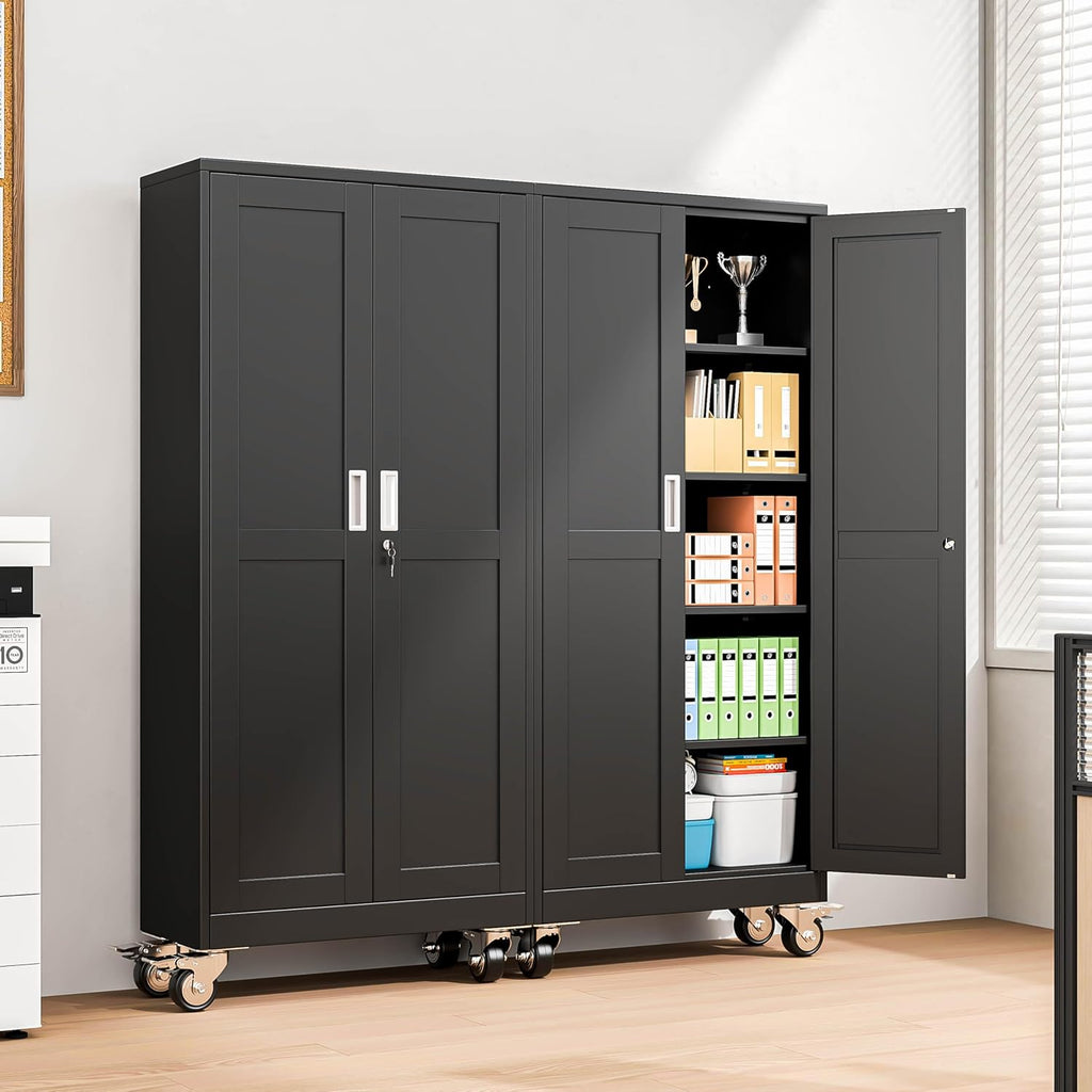 Metal Garage Storage Cabinets and storage system, 71'Tall Rolling utility cabinet with Wheels, Lock, 4 Adjustable Shelves, Heavy Duty Steel Tool Locker for Home Office, Utility Room, Gym,Black