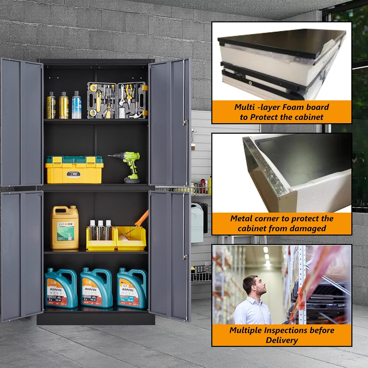 STANI Metal Storage Cabinet, Locking Steel Cabinet with 4 Doors and 2 Adjustable Shelves, 71'' Lockable File Tall for Home Office,Garage,School, Black&grey, (TSJ-BG)