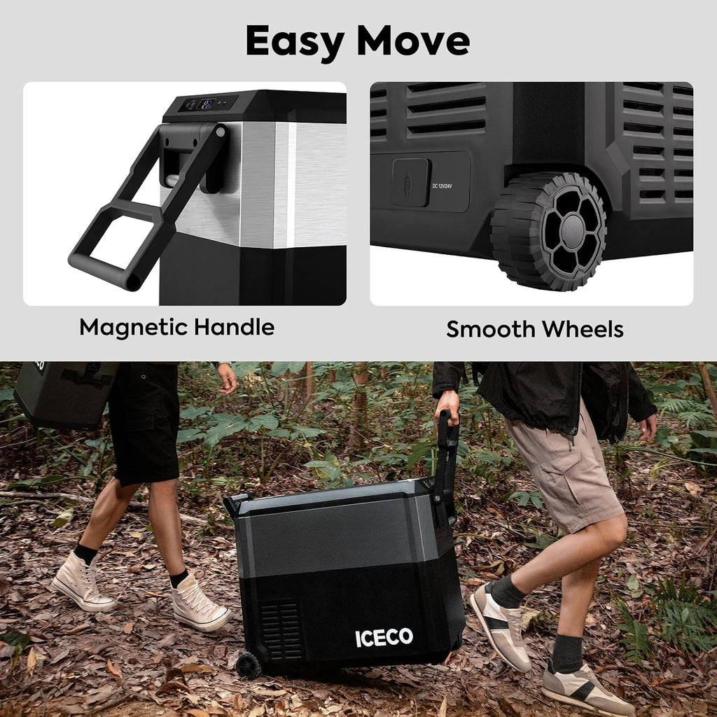 ICECO JP40 Pro 12 Volt Refrigerator with Wheels, Portable Car Fridge Powered by SECOP, 12V Freezer with Battery, -4℉～68℉, 40.7 Quart Electric Cooler with AC/DC, for Travel, Camping, Outdoor