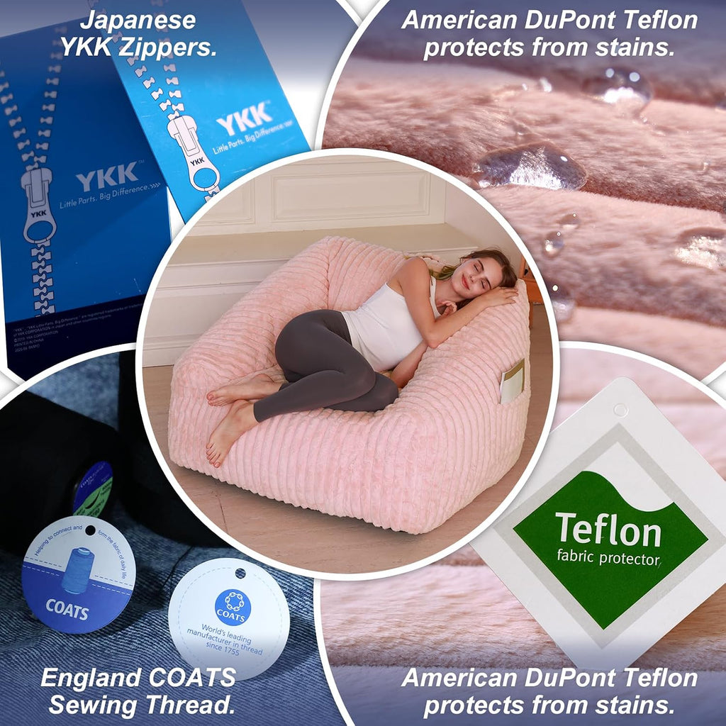 Bean Bag Chair with Memory Foam Filling- Large Stuffable Soft Giant Beanbag Reading Chair, Adults Lounge Gaming Lazy Sofa Bed for Living Room Bedroom- Pink,Stripe Fur