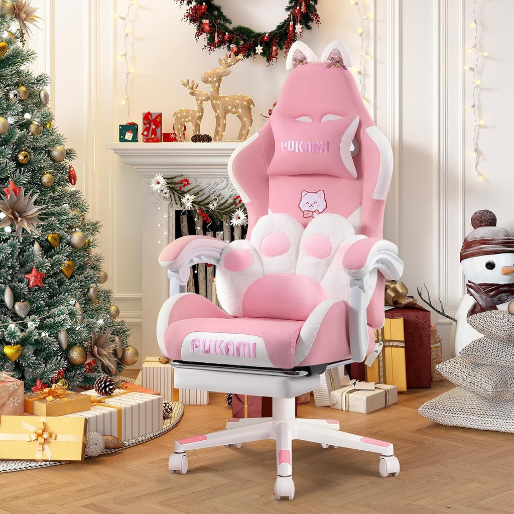 VITESSE Pink Gaming Chair for Girl with Cat Paw Lumbar Cushion and Cat Ears,Ergonomic Computer Chair for Girl with Footrest and Headrest Comfortable Reclining PC Game Chair for Adult,Kid (White)
