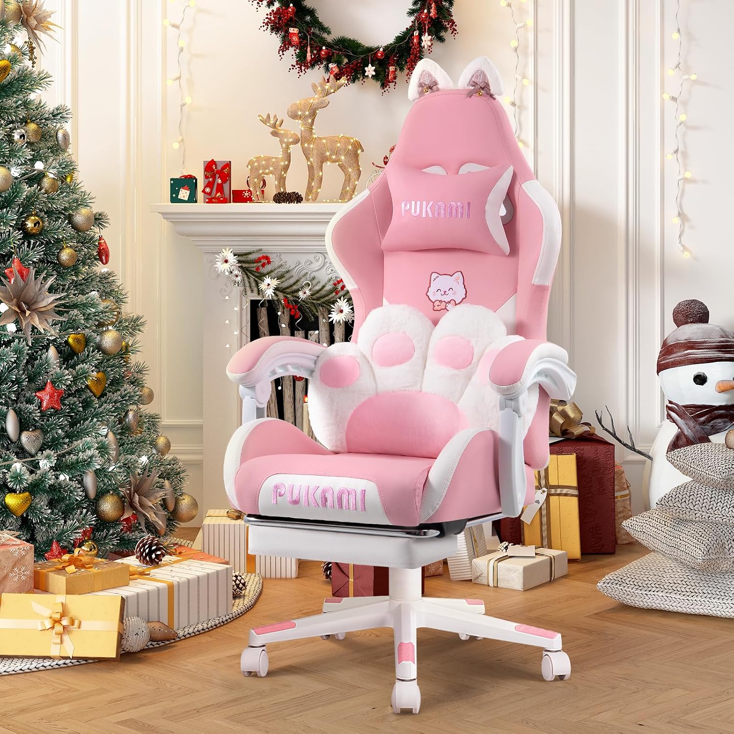 VITESSE Pink Gaming Chair for Girl with Cat Paw Lumbar Cushion and Cat Ears,Ergonomic Computer Chair for Girl with Footrest and Headrest Comfortable Reclining PC Game Chair for Adult,Kid (White)