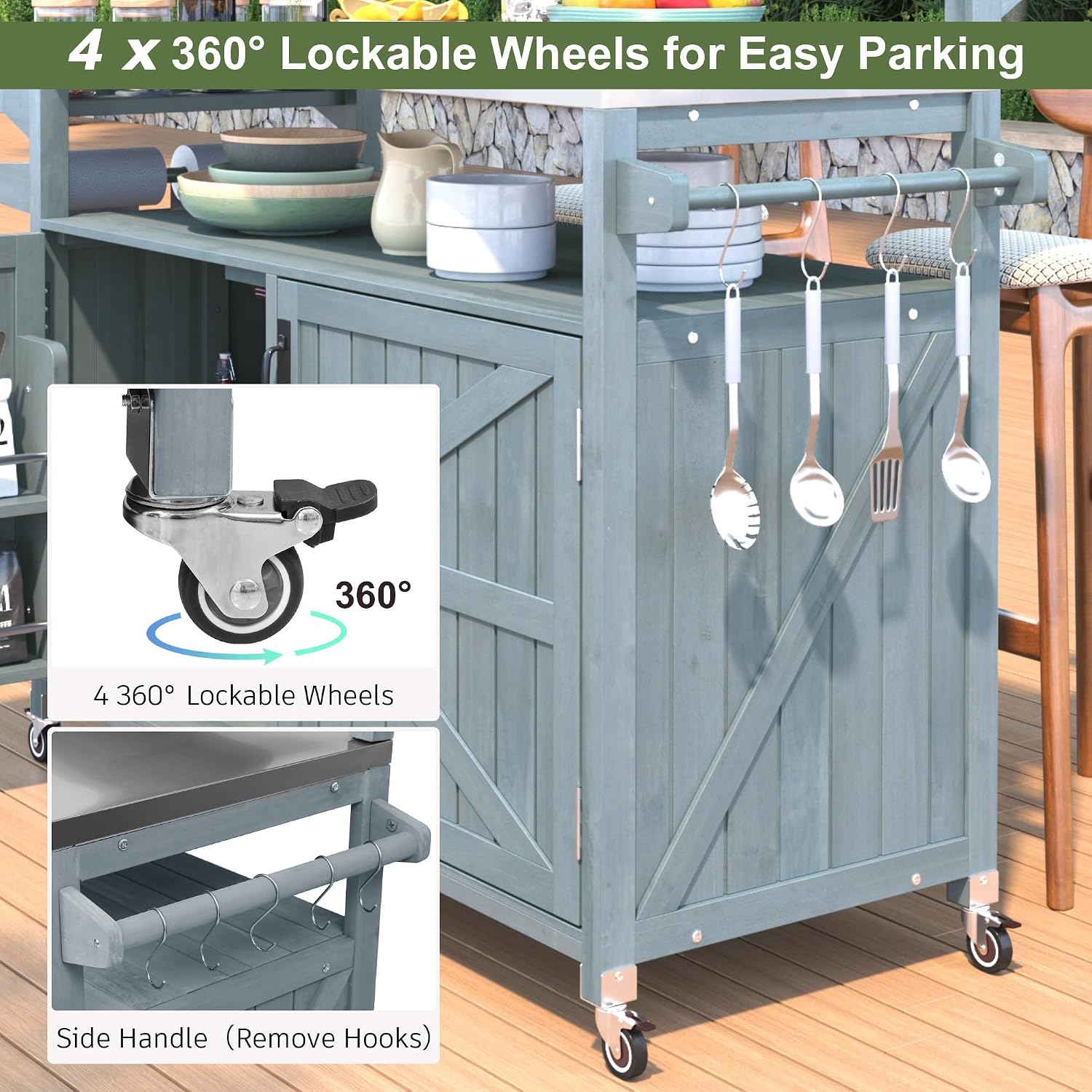 Outdoor Kitchen Island with Stainless Steel Top, 53.3' Rolling Grill Cart with Adjustable Shelves, Raised Shelf, Lockable Wheels, Portable Outdoor Table and Bar Storage Cabinet for Patio