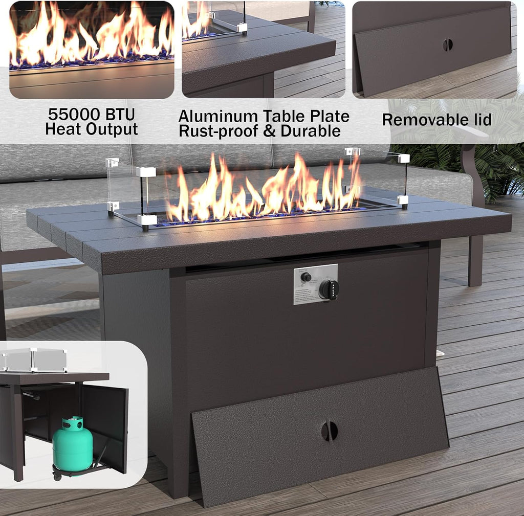 ALAULM Aluminum Patio Furniture Set with Propane Fire Pit Table 7-seat Metal Outdoor Furniture w/Swivel Chairs Patio Sectional Sofas w/2 Ottomans for Porch, Backyard, Poolside-Grey