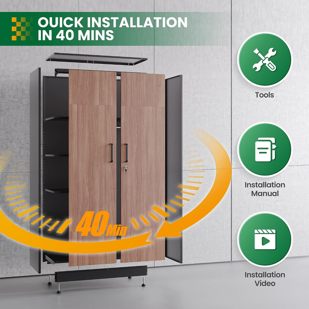 Broom Closet Storage Cabinet with Lock, Metal Garage Storage Cabinet with Doors and Shelves, Steel Wardrobe Cabinet with Hanging Rod, Utility Cabinets Closet for Kitchen, Office, Shop, Warehouse