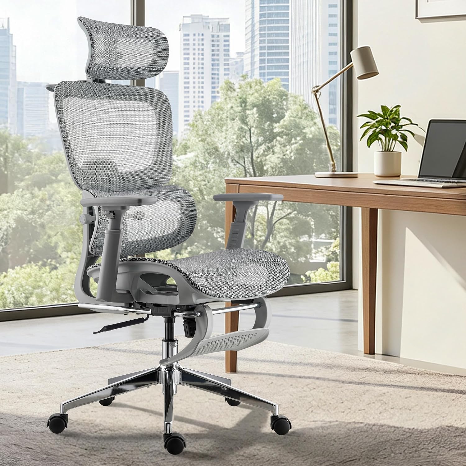 Ergonomic Office Chair, Home Mesh Desk Computer Chair, Comfortable Gaming Chair with Footrest, Wheels, Adjustable 2D Headrest, Lumbar Support, High Back and 3D Armrest, Grey