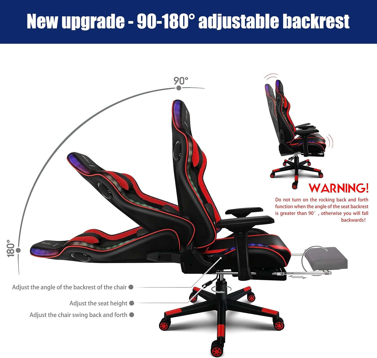 RGB Gaming Chair with Speakers and LED Lights,Ergonomic Massage Computer Game Chair with Footrest,High Back Music Video Game Chair with Lumbar Support,White