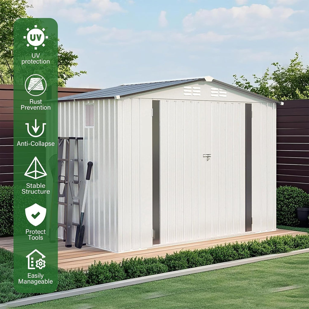 8X6 FT Metal Storage Shed,Tool Shed with Peaked Roof, Outdoor Storage Shed with Clear Window and Lockable Door, Garden Shed for Garden, Backyard,Patio,Sundries, White (8X6 FT)