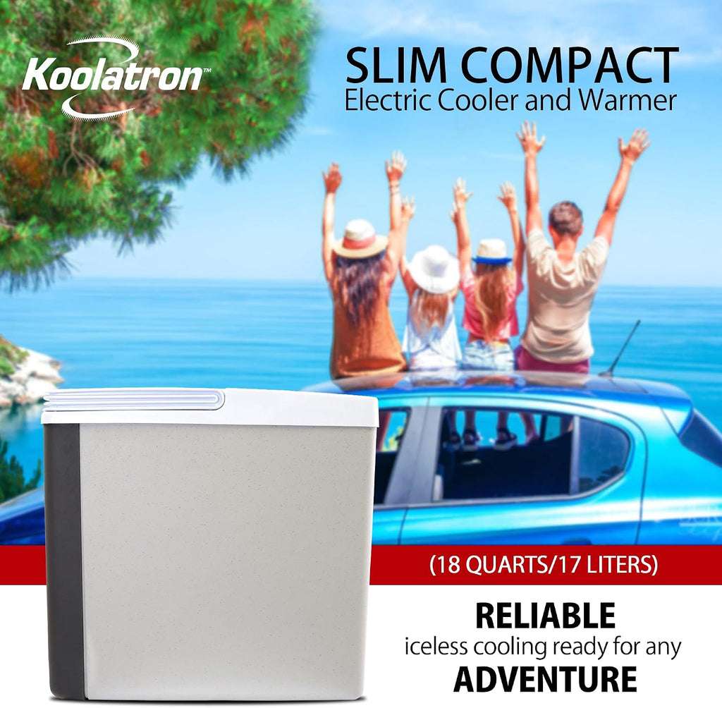 Koolatron Electric Portable Cooler Plug in 12V Car Cooler/Warmer, 18 qt (17 L), No Ice Thermo Electric Portable Fridge for Camping, Travel Road Trips Trucking with 12 Volt DC Power Cord, Gray/White.