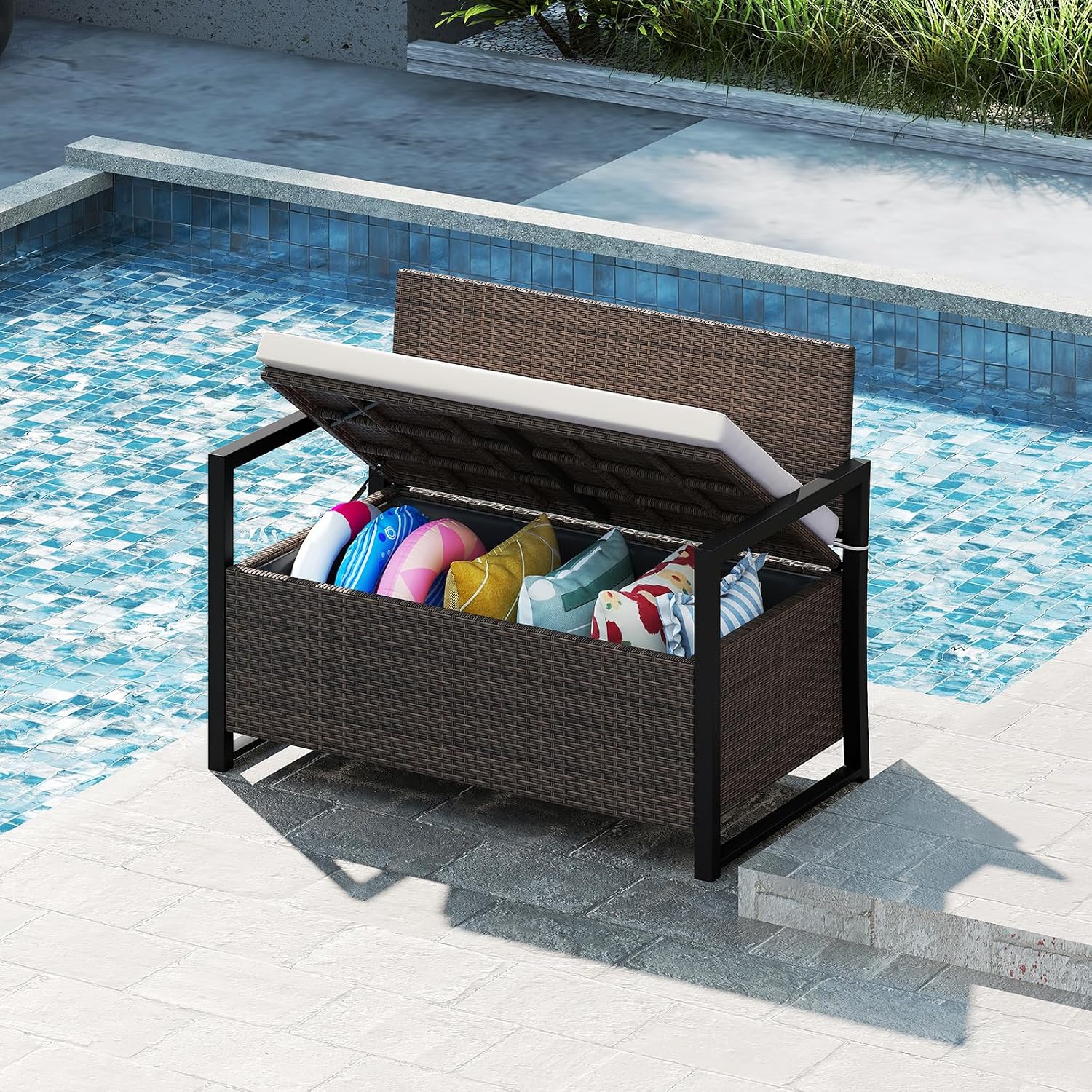 RELAX4LIFE Wicker Outdoor Bench with Storage - Rattan Deck Box w/Protective Liner for Pillows, Pool Supplies, Garden Tools, Patio Loveseat with Seat Cushion & Metal Armrests for Backyard Porch Balcony