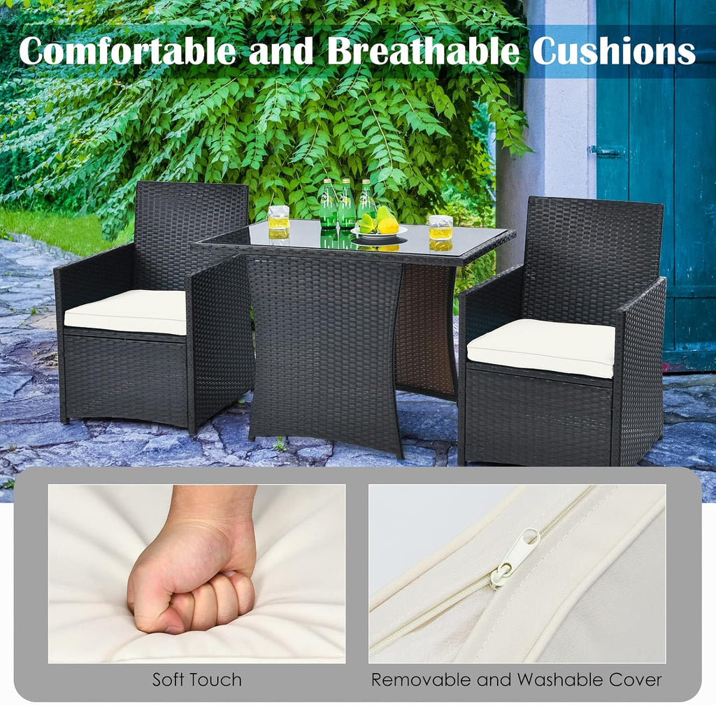 HAPPYGRILL 3 Piece Patio Furniture Set, Outdoor PE Rattan Wicker Bistro Set with Washable Cushions & Tempered Glass Table, for Backyard Porch Garden Balcony Poolside