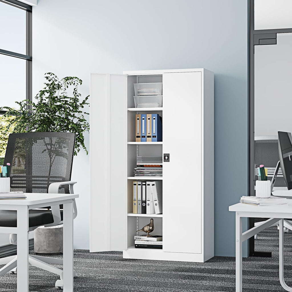 Fesbos Metal Storage Cabinet-71' Tall Steel File Cabinets with Lockable Doors and Adjustable Shelves-White Steel Storage Cabinet for Home,Kitchen, School, Office, Garage