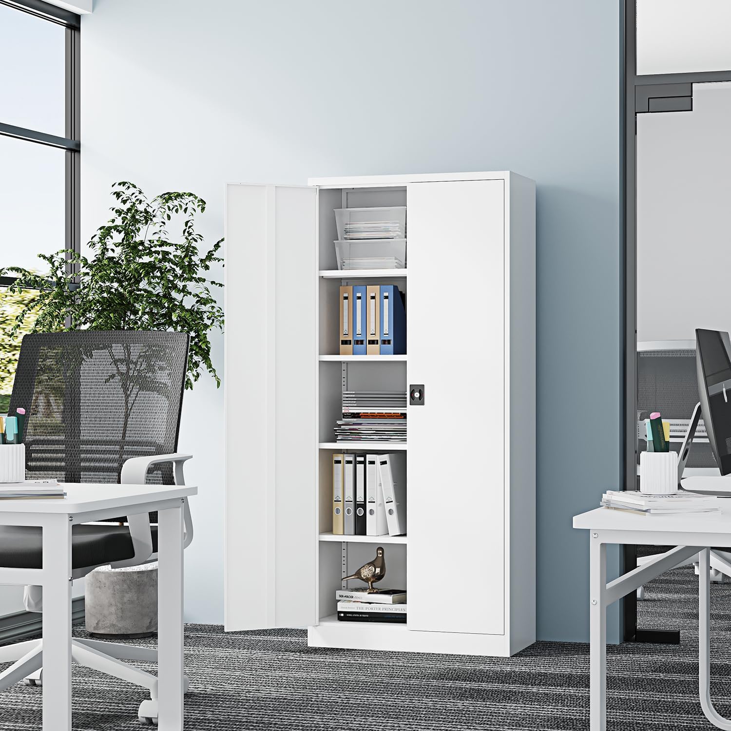 Fesbos Metal Storage Cabinet-72' Tall Steel File Cabinets with Lockable Doors and Adjustable Shelves-White Steel Storage Cabinet for Kitchen, Office, Garage
