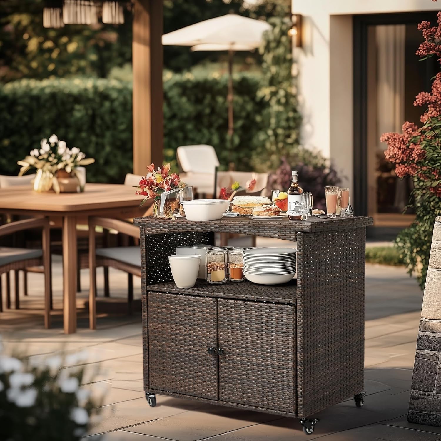 Outvita Patio Bar Table, Weatherproof Buffet Cabinet Wicker Outdoor Storage Cart with 2 Doors & Shelves Wooden Tabletop for Tableware Wine Bottle and Glass, Towels, and Potting Supplies