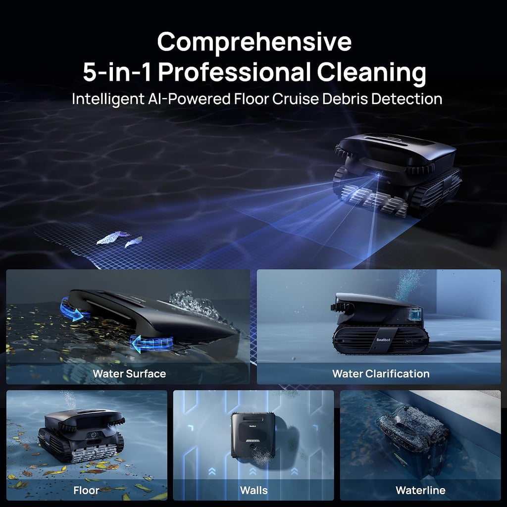 Beatbot AquaSense 2 Ultra Cordless Pool Vacuum Robot with Clarifying Agent Kit-Pool Mapping with AI Camera, 5-in-1 Cleaning, Water Surface Cleaning, Water Clarification, Smart Surface Parking