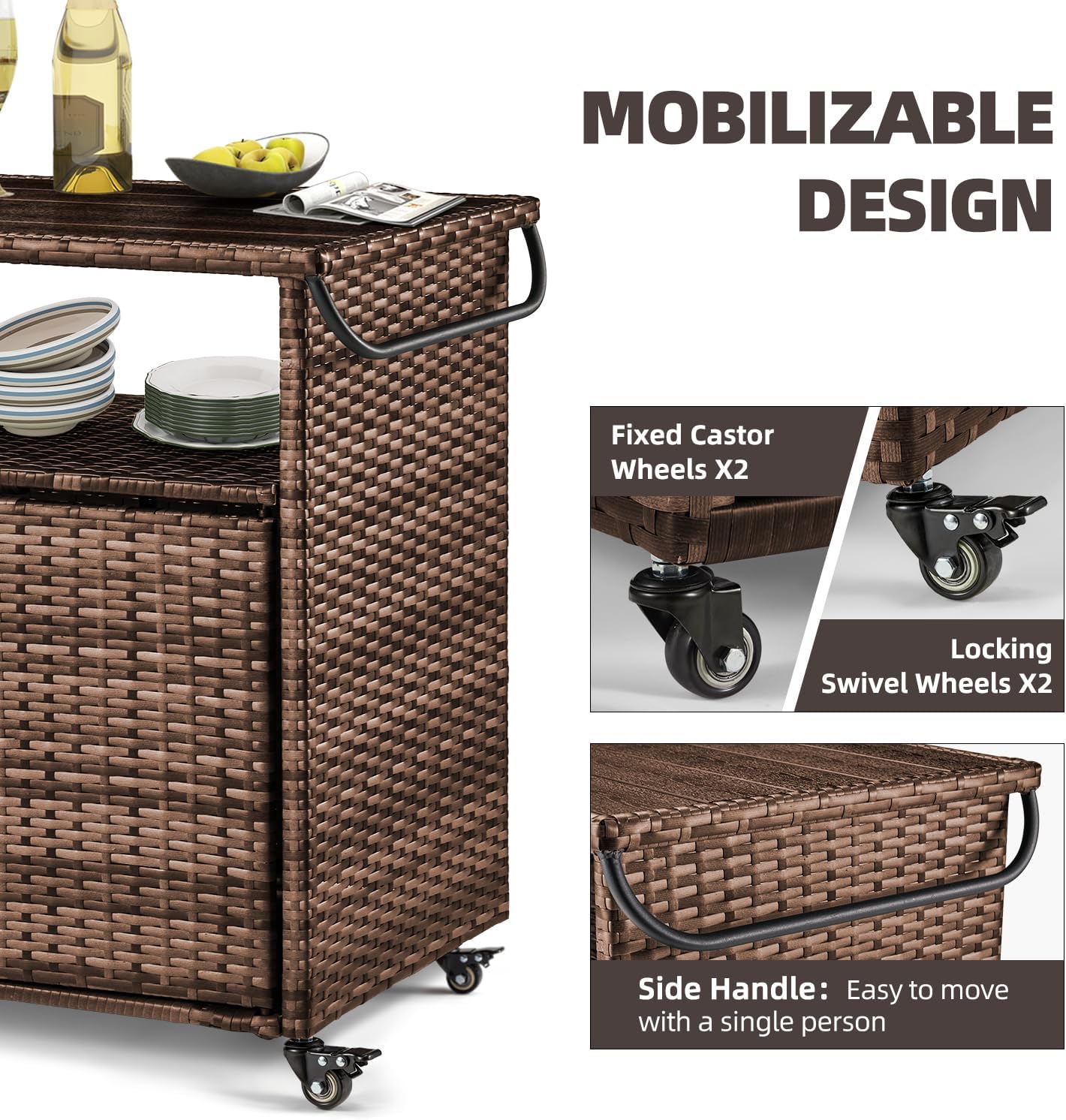 Wicker Outdoor Storage Cabinet with Wheels, Patio Grill Tables for Outside, Outdoor Storage Cabinet for Garden Buffets, Parties, Poolside Gatherings in Brown