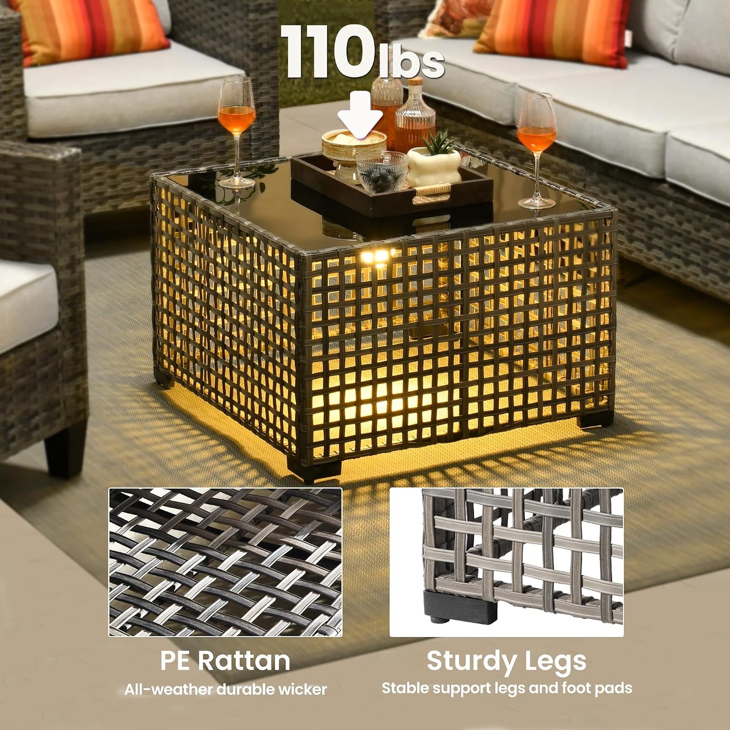 ovios Outdoor Side Table with Tempered Glass Top, Patio Wicker Rattan Solar Lights Tables for All-Weather Porch Deck Balcony Garden Poolside (Grey-Medium Size)