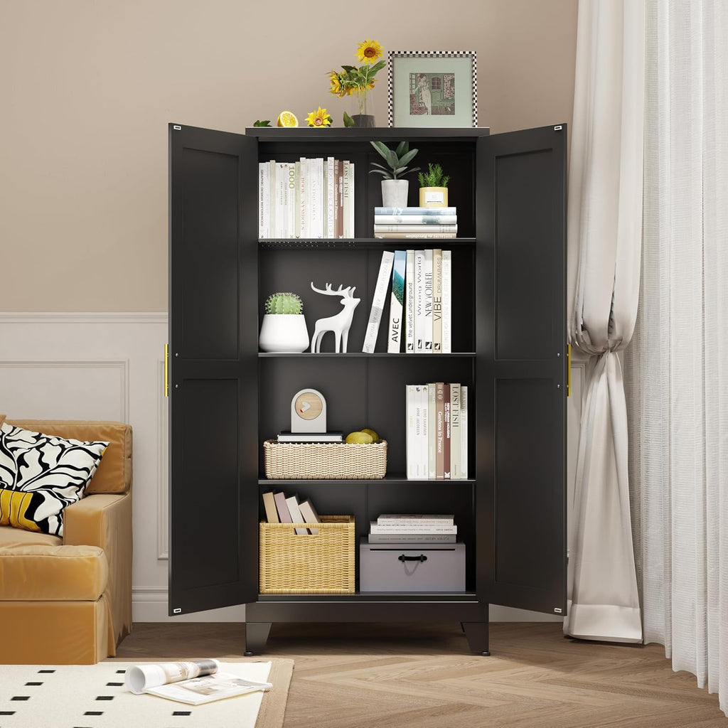 pozdeg Metal Storage Cabinet - 61' Tall Steel File Cabinets with 2 Doors and 3 Adjustable Shelves Versatile Storage Pantry Cabinet for Home Office Warehouse Garage or Outdoor (Black)