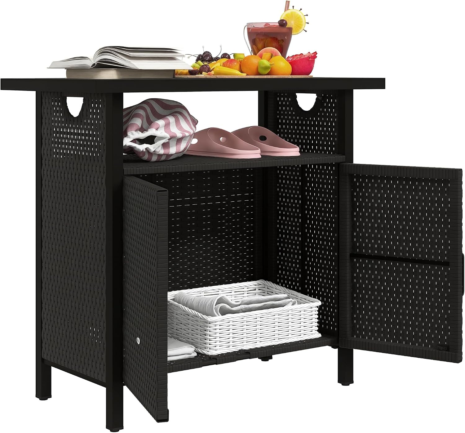Outsunny Outdoor Pool Towel Storage Cabinet Organizer, Outdoor Bar Table with Shelf and Cabinet, Pool Towel Holder Pool Valet with Weather-Resistant PE Rattan and Steel Frame, Espresso