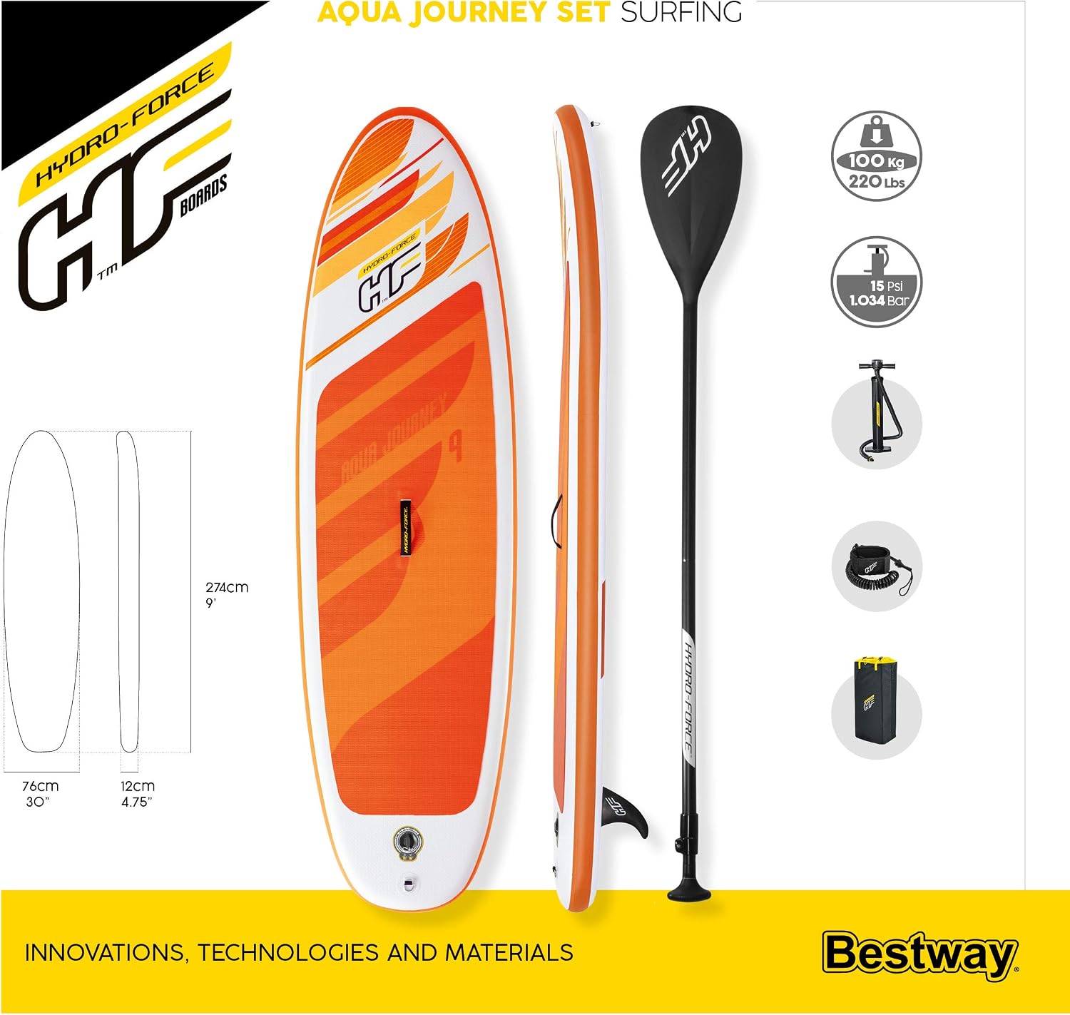Bestway Hydro-Force SUP, Inflatable Stand Up Paddle Board, Complete Set, Multiple Styles, Sizes, 9FT, 10FT, 10'2FT
