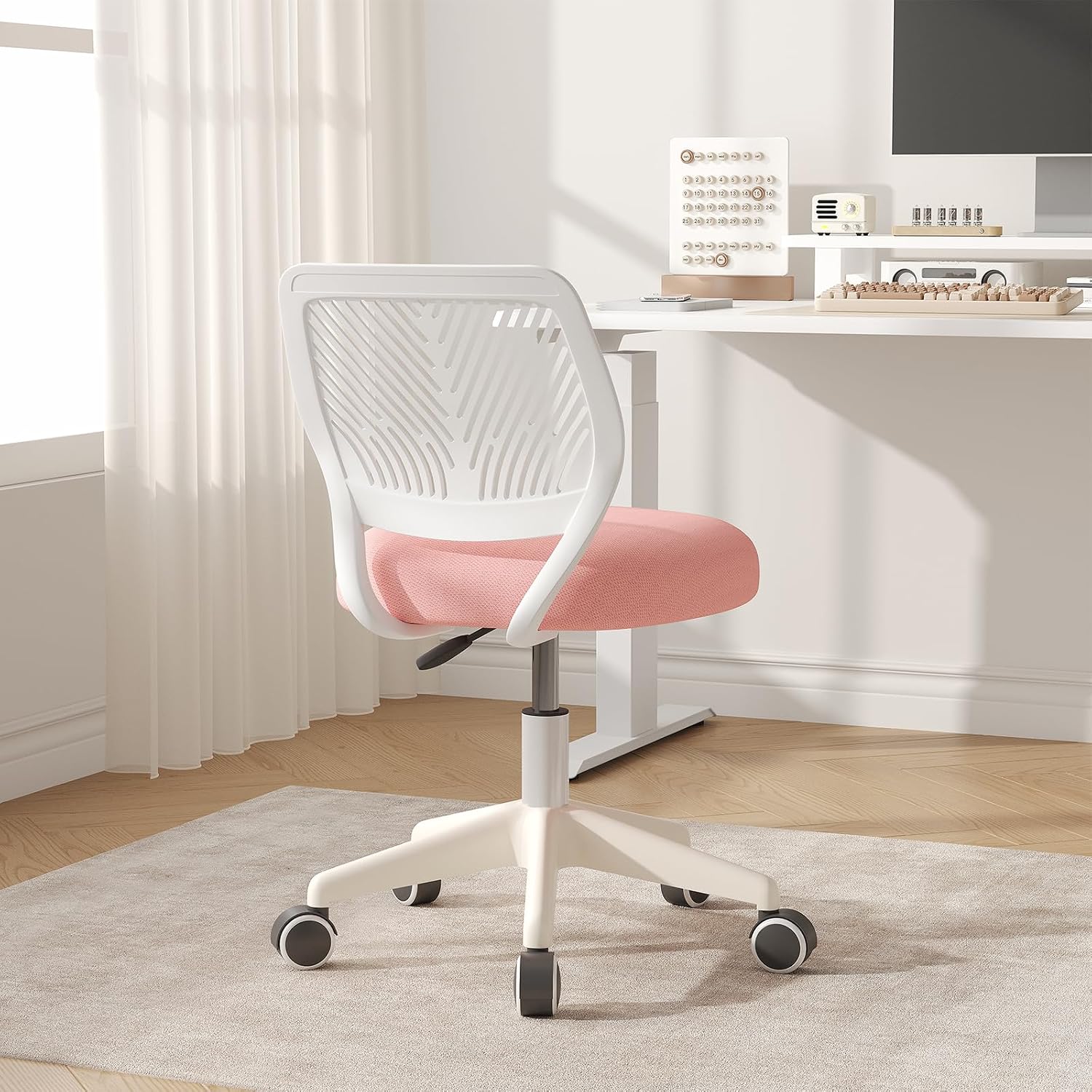 Armless Desk Chair Swivel Office Rolling Chair with Soft Padded Cushion, Height Adjustable Small Task Chair, Ergonomic Study Computer Chair for Kids Girls Boys Teens (Pink, 4PCS)