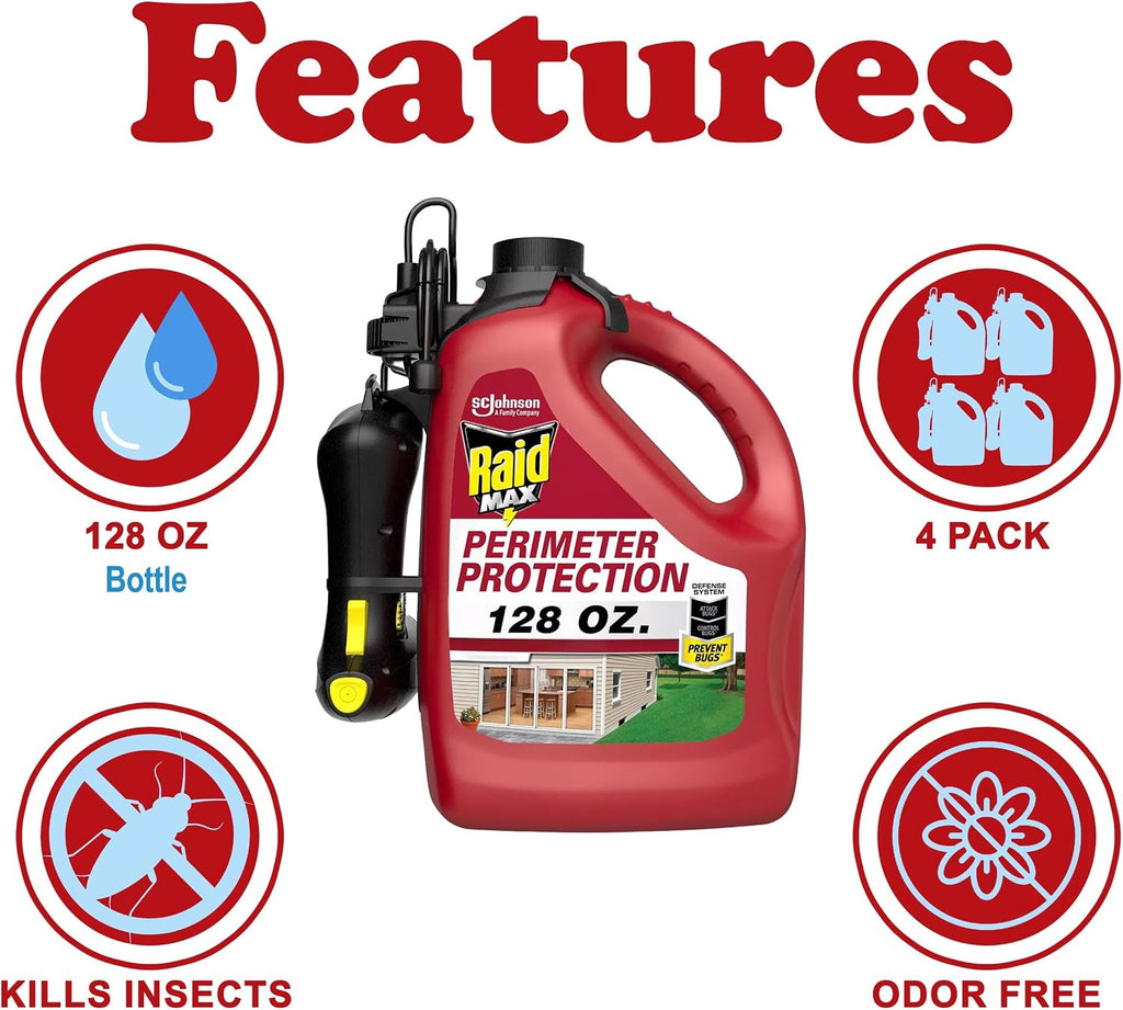 Raid Max Perimeter Protection Auto Trigger Starter Kit, 128 oz, Pack of 4, All-in-One Repellant Spray for 15 Different Kinds of Insects Including Ants, Bugs, Mosquitoes, Indoor and Outdoor Use