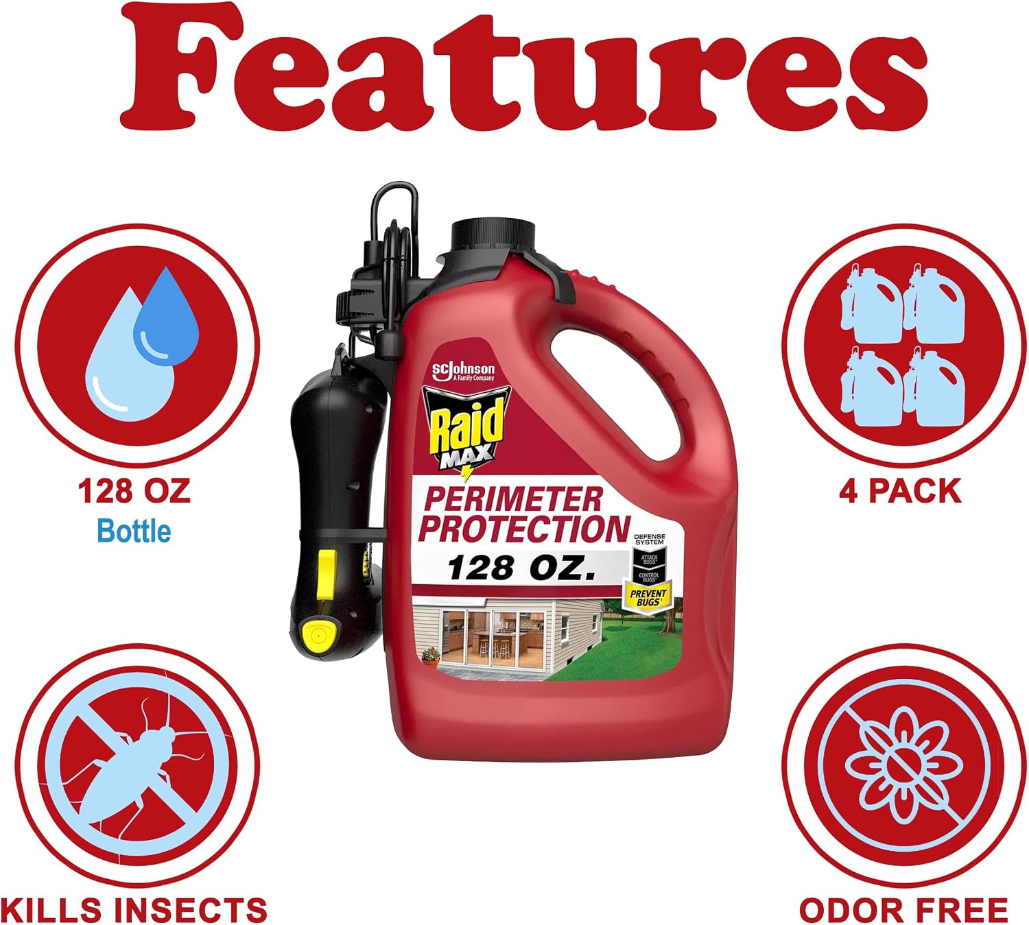Raid Max Perimeter Protection Auto Trigger Starter Kit, 128 oz, Pack of 4, All-in-One Repellant Spray for 15 Different Kinds of Insects Including Ants, Bugs, Mosquitoes, Indoor and Outdoor Use
