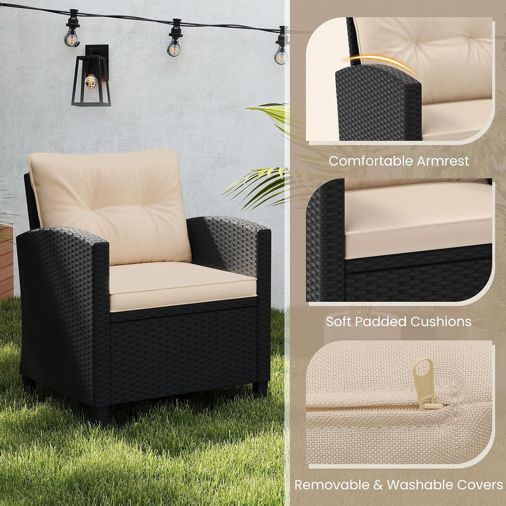 ORALNER 3 Pieces Patio Furniture Set, Wicker Conversation Set Outdoor Chairs with Cushions, Glass Coffee Table, Rattan Bistro Set for Front Porch Balcony Garden Deck Poolside (Khaki)