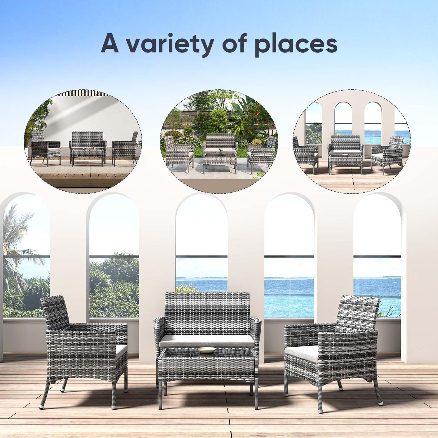 Outdoor Furniture Set of 4 Pieces with PE Waterproof Rattan Tempered Glass Table and Thick Cushions Suitable for Gardens Porches Terraces and Balconies Easy to Assemble, Grey
