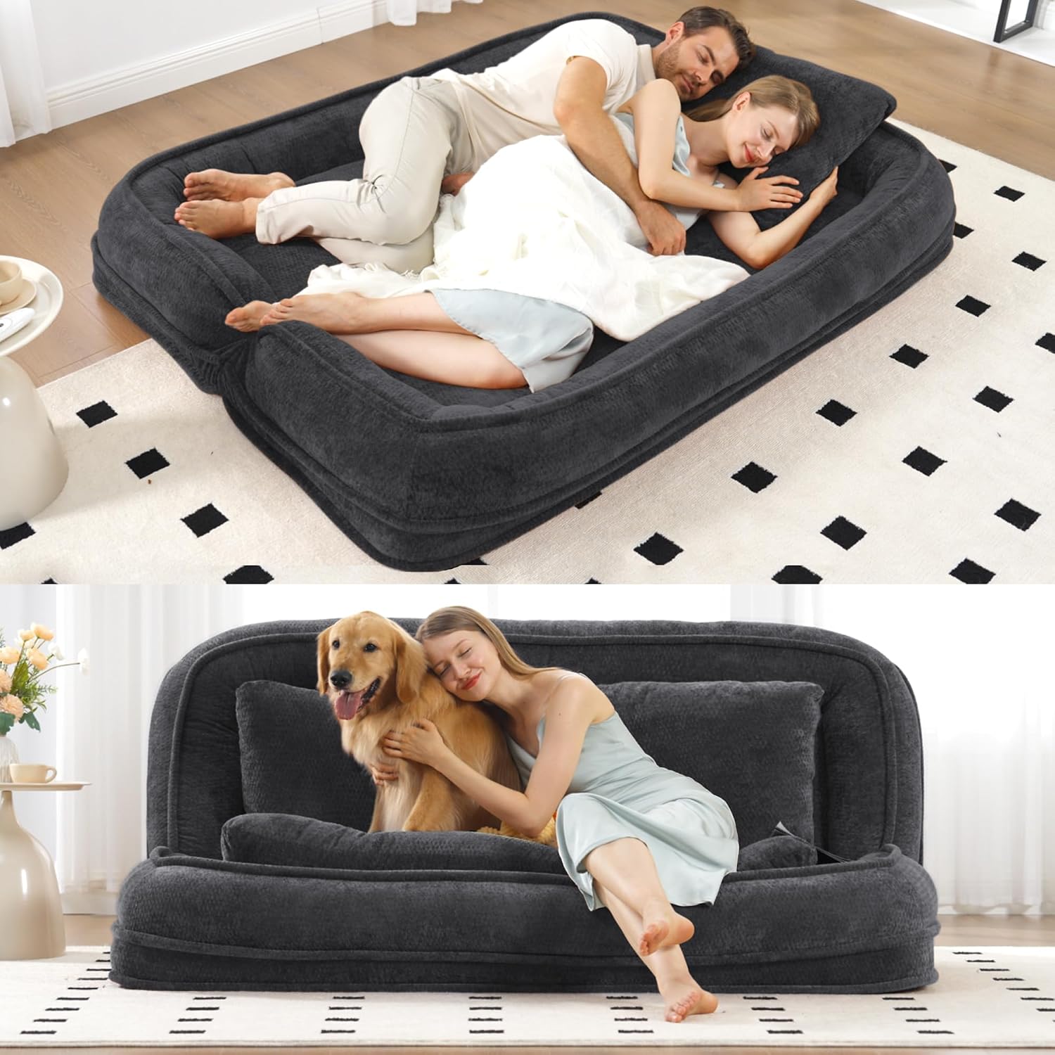 Floor Chair with Back Support, Human Dog Bed, Folding Loveseat with 5 Adjustable Position, 2 Back Cushions, Chenille Meditation Gaming Chair for Lazy Boys, Living Room, Lounge, Bedroom, Black