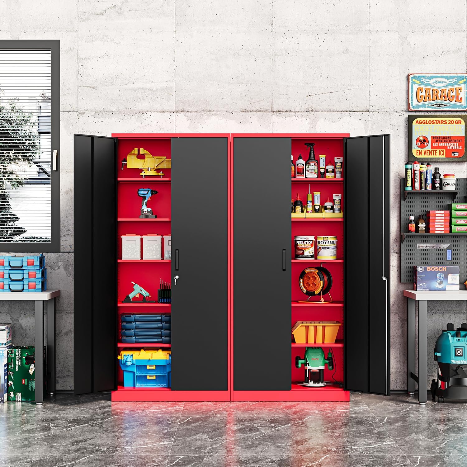 Fesbos Metal Storage Cabinet-71' Tall Steel File Cabinets with Lockable Doors and Adjustable Shelves-Black&Red Steel Storage Cabinet for Home, School, Office, Garage