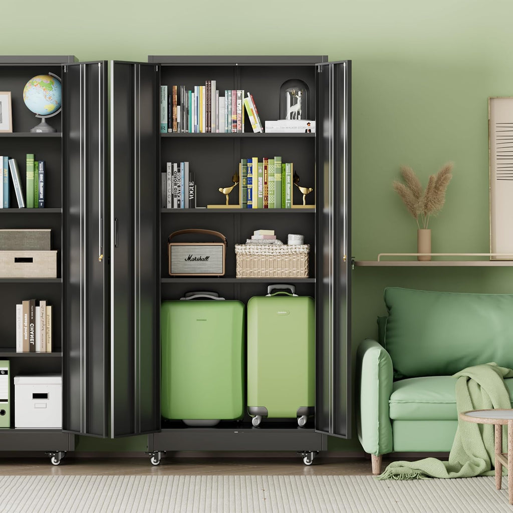 INTERGREAT Metal Storage Cabinet with Wheels, 73' H Rolling Metal Cabinets with Doors and Shelves, Black Steel Lockable Cabinet on Wheels for Garage Storage