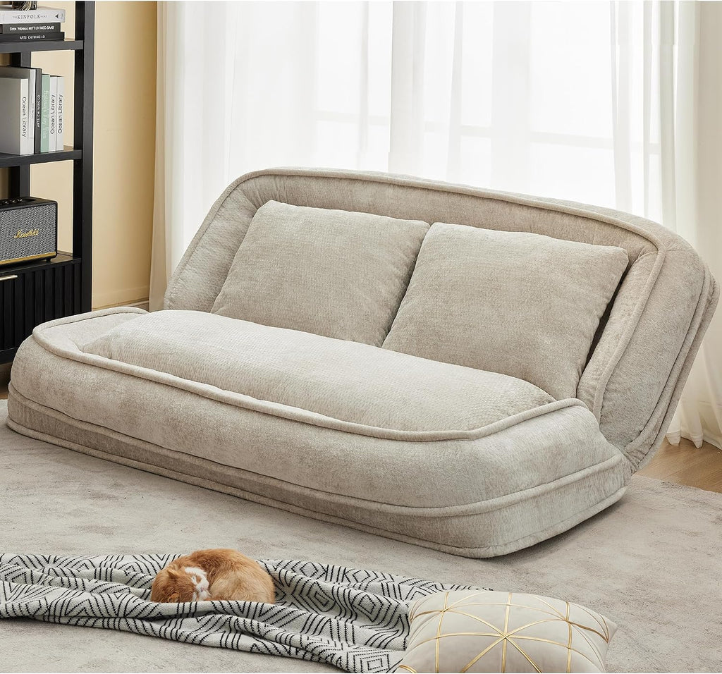 Floor Chair with Back Support, Human Dog Bed, Folding Loveseat with 5 Adjustable Position, 2 Back Cushions, Chenille Meditation Gaming Chair for Lazy Boys, Living Room, Lounge, Bedroom, Beige
