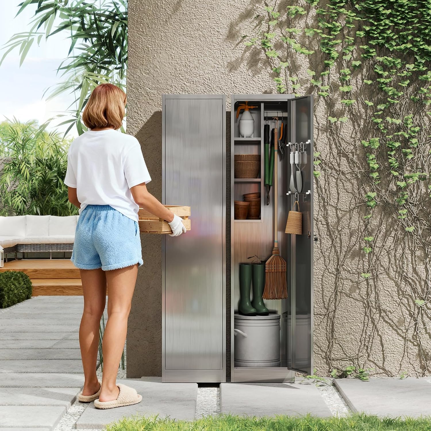 Yizosh Outdoor Storage Cabinet,Metal Broom Cloest Storage Cabinet with Locking Doors and Shelves,- 71 H Broom Closet with Hang Rods for Yard,Garden,Garage,Pation