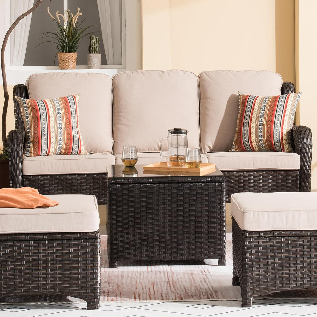 ovios Outdoor Side Table with Tempered Glass Top, Patio Wicker Rattan Coffee End Tables for All-Weather Porch Deck Balcony Garden Poolside (Brown-Medium Size)