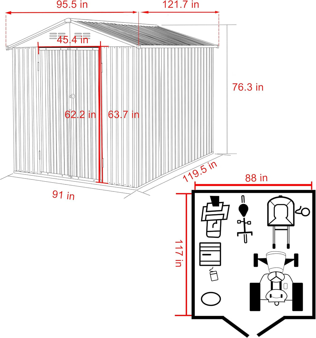 VEIKOU 8x10FT Outdoor Storage Shed with Thickened Galvanized Steel, Metal Storage Shed with Lockable Door & Air Vents, Garden Tool Metal Shed for Patio Garage Yard, Gray