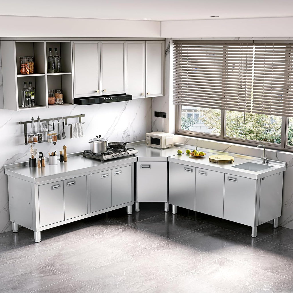 WWK 59' x 21' Stainless Steel Prep Table with Cabinet, Commercial Kitchen Table for Prep & Work, Heavy Duty Work Table with 4 Doors for Kitchen, Restaurant, Hotel, Garage and Cafe