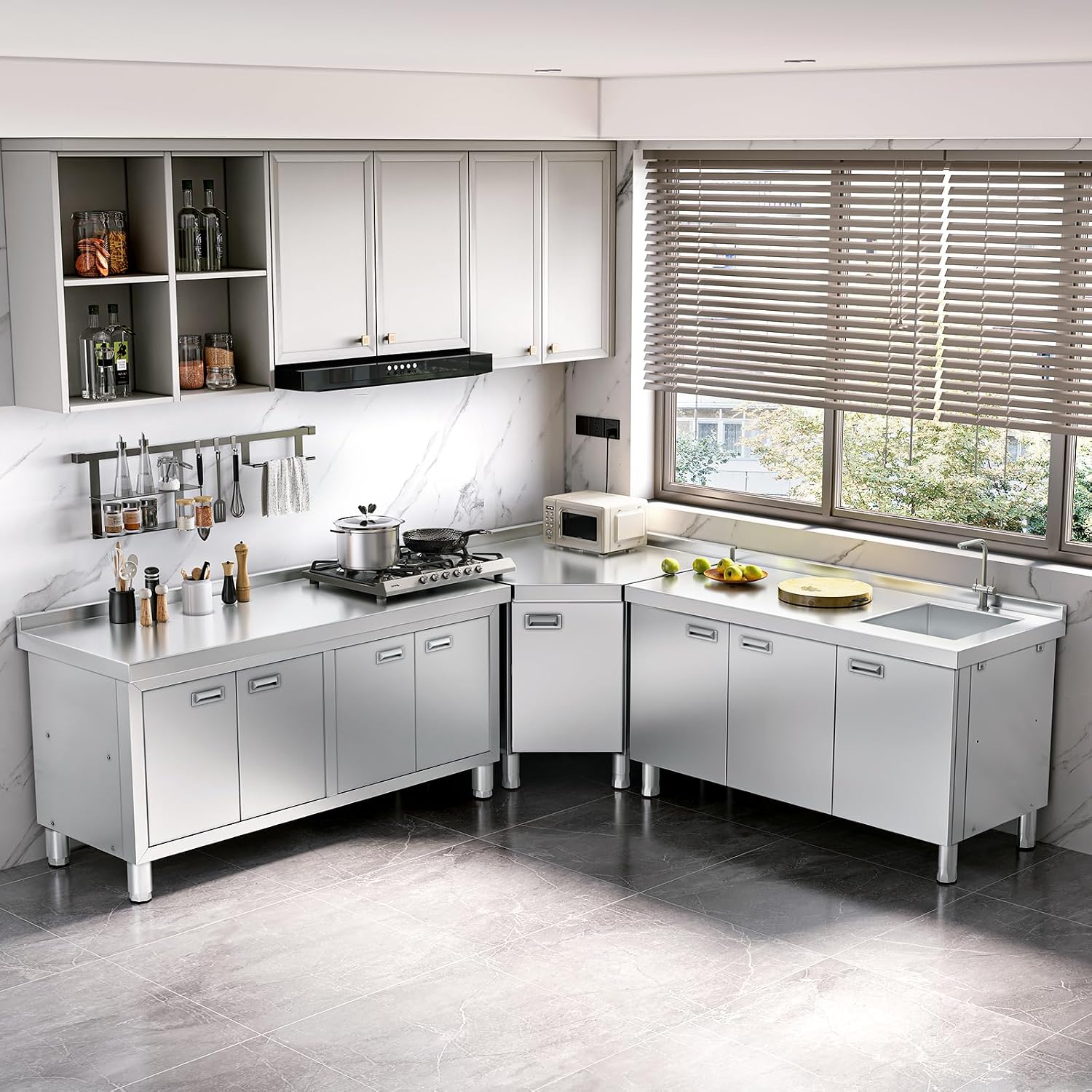 WWK 59' x 21' Stainless Steel Prep Table with Cabinet, Commercial Kitchen Table for Prep & Work, Heavy Duty Work Table with 4 Doors for Kitchen, Restaurant, Hotel, Garage and Cafe