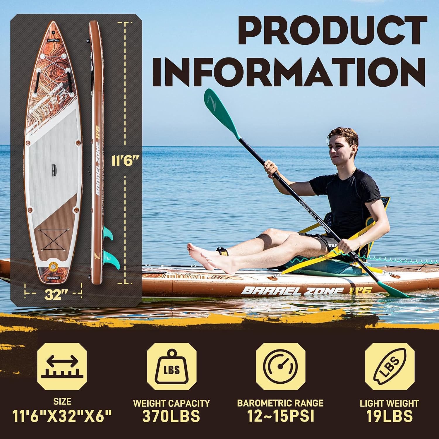 11'6' Inflatable Stand Up Paddle Boards, Premium SUP Accessories, Non-Slip Comfort Deck for Youth & Adults